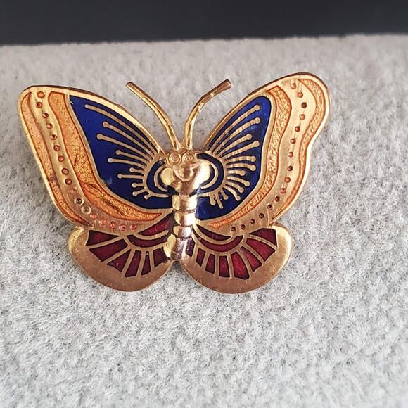 Vintage Metropolitan Museum of Art Butterfly Brooch Pin Cloisonne 80's Gold Tone - Picture 4 of 4